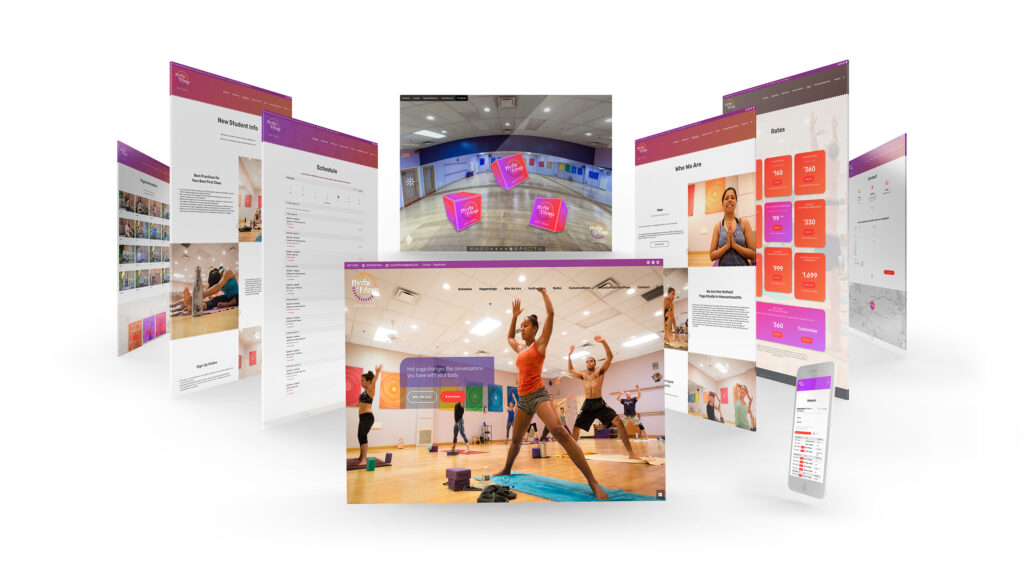 Angled mockup of the Mystic Fitness website showing stacked pages with orange, purple, and dark UI panels and lifestyle photography.