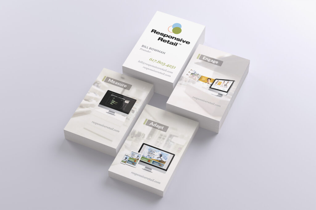 Four Responsive Retail cards, the founder’s contact front among Engage, Adapt, and Measure backs picturing the app at work.