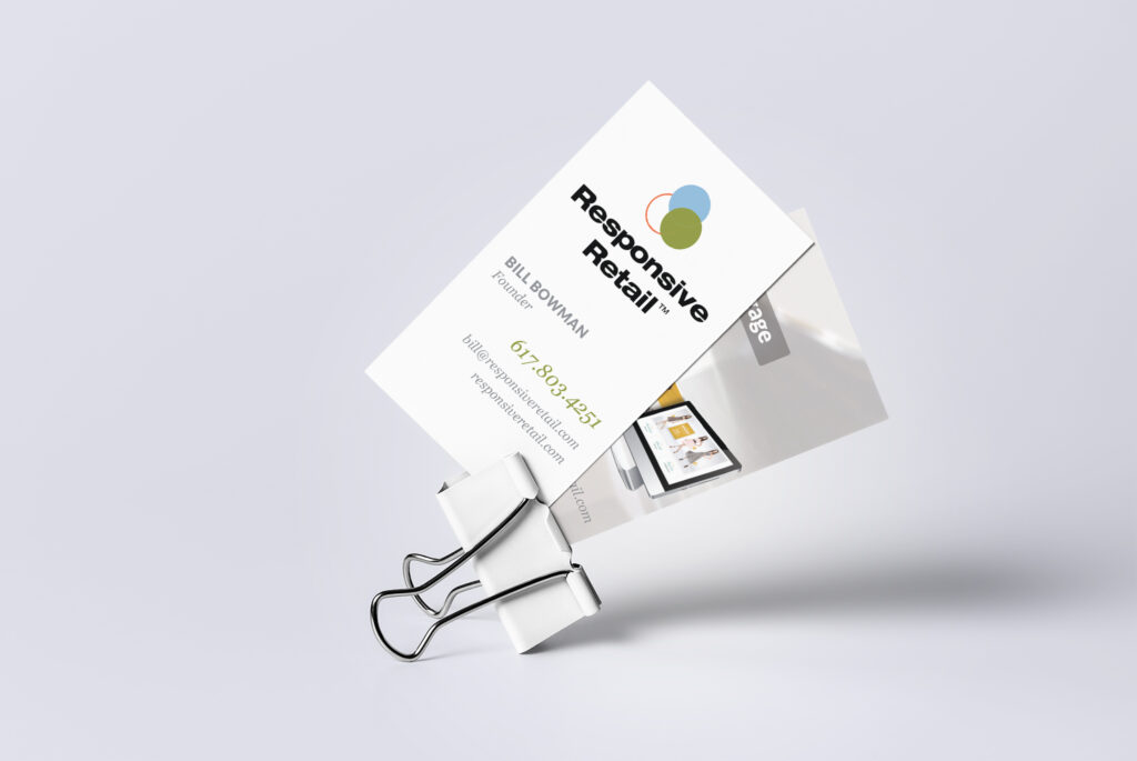 Responsive Retail business card in a binder clip, the three-circle mark and founder contact details over an Engage photo back.