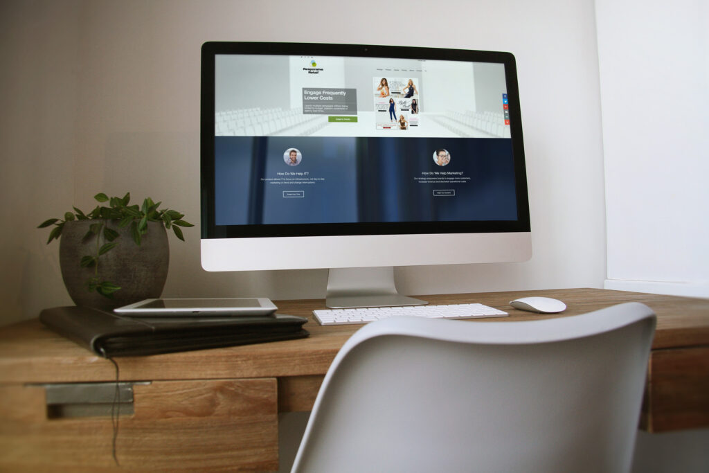 Responsive Retail homepage on an iMac, the Engage Frequently, Lower Costs hero above the How Do We Help panels.