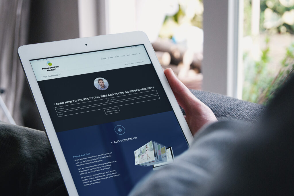 Protect Your Time lead form on an iPad, the Add Subdomain onboarding step beginning beneath the navy signup panel.