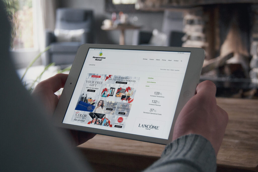 Lancôme results page on an iPad, holiday campaign artwork beside lifts of 128% transactions, 132% revenue, and 37% lower operational costs.