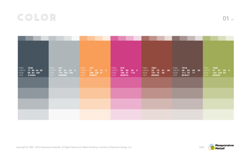 Color page laying seven palette columns with PMS, CMYK, RGB, and hex values stepping through tint ladders.