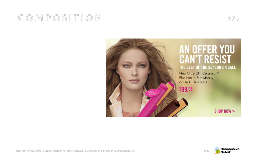 Composition page presenting a finished flat-iron promo, offer copy and price beside the model against seasonal green.