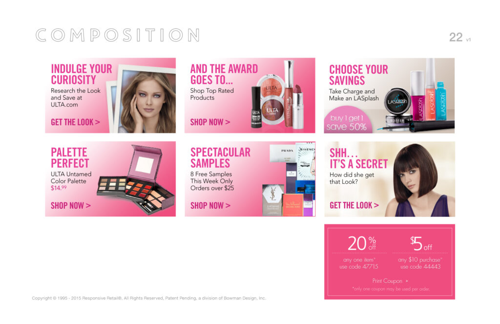 Composition page arranging six pink ULTA promo tiles with a print coupon block into one campaign family.