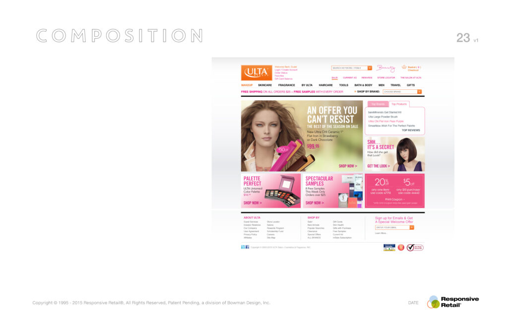 Composition page placing the finished promo suite onto the ULTA homepage, hero and tiles composed in context.