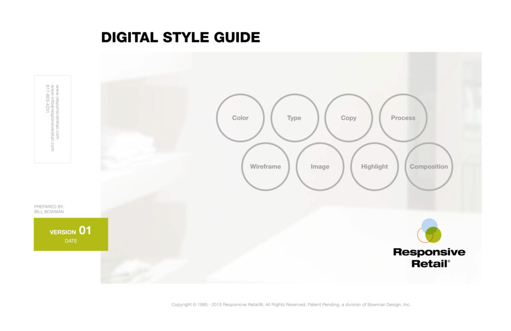 Digital Style Guide cover, eight chapter circles from Color to Composition beside the version panel and Responsive Retail lockup.
