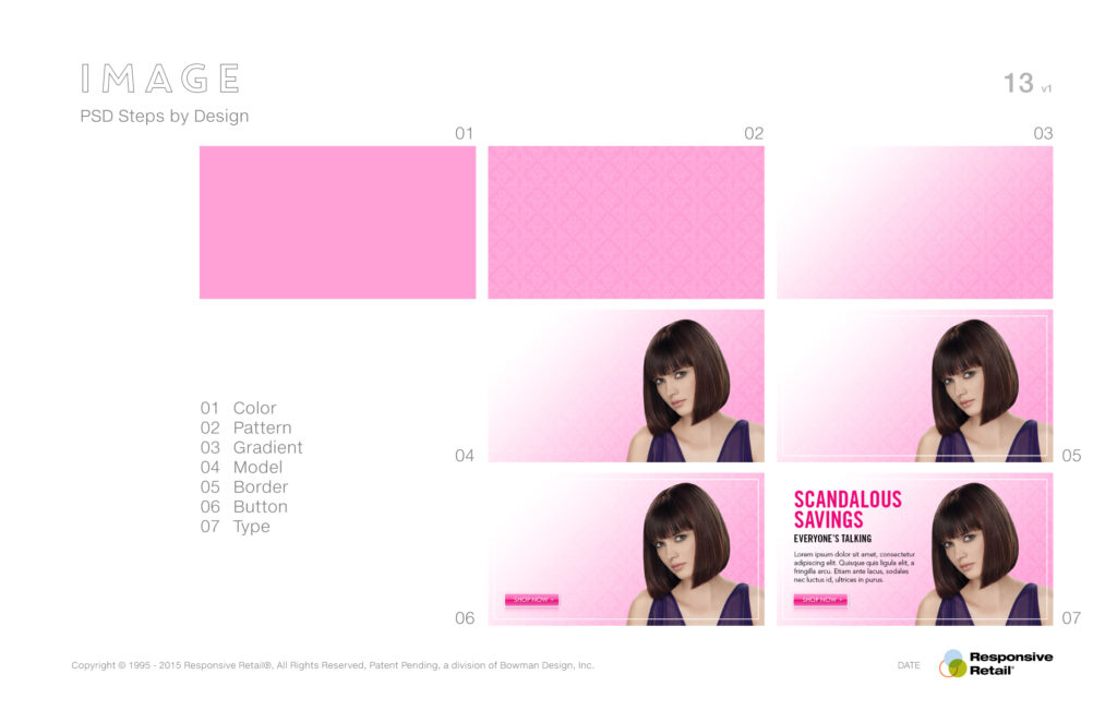 Image page revealing the layered PSD build, color, pattern, gradient, model, border, button, and type stacking into a finished promo.