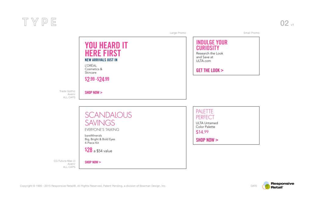 Type page setting promo headline patterns in magenta, Avenir and Futura specimens annotated for large and small promos.