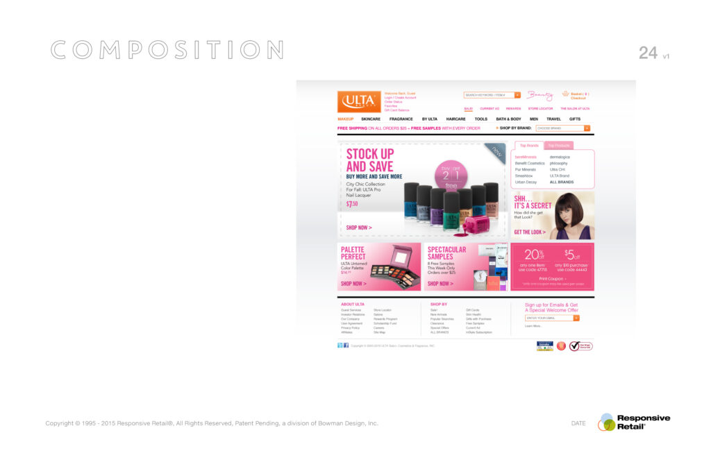 Composition page composing the Stock Up and Save nail collection hero into the ULTA homepage with supporting promo tiles.