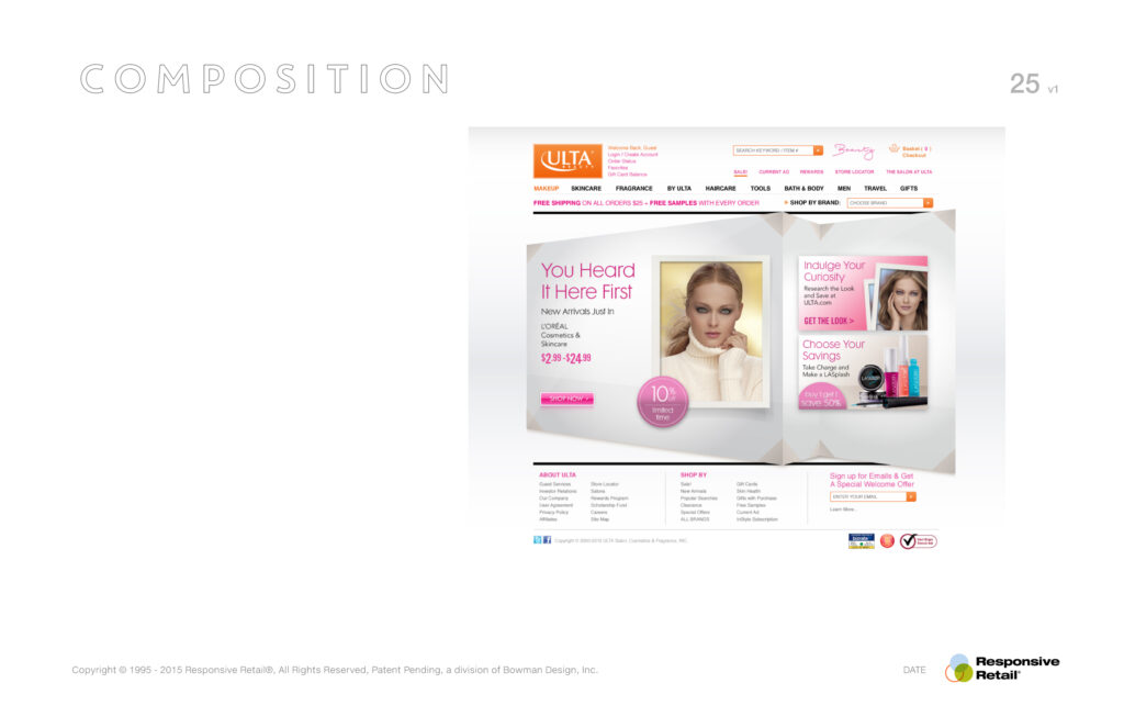 Composition page angling the You Heard It Here First spread across the ULTA homepage in dimensional perspective.