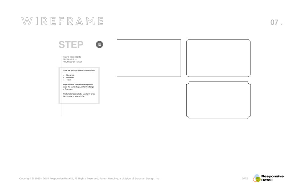 Wireframe step A specifying promo shape selection, rectangle, rounded, and ticket outlines annotated for homepage use.