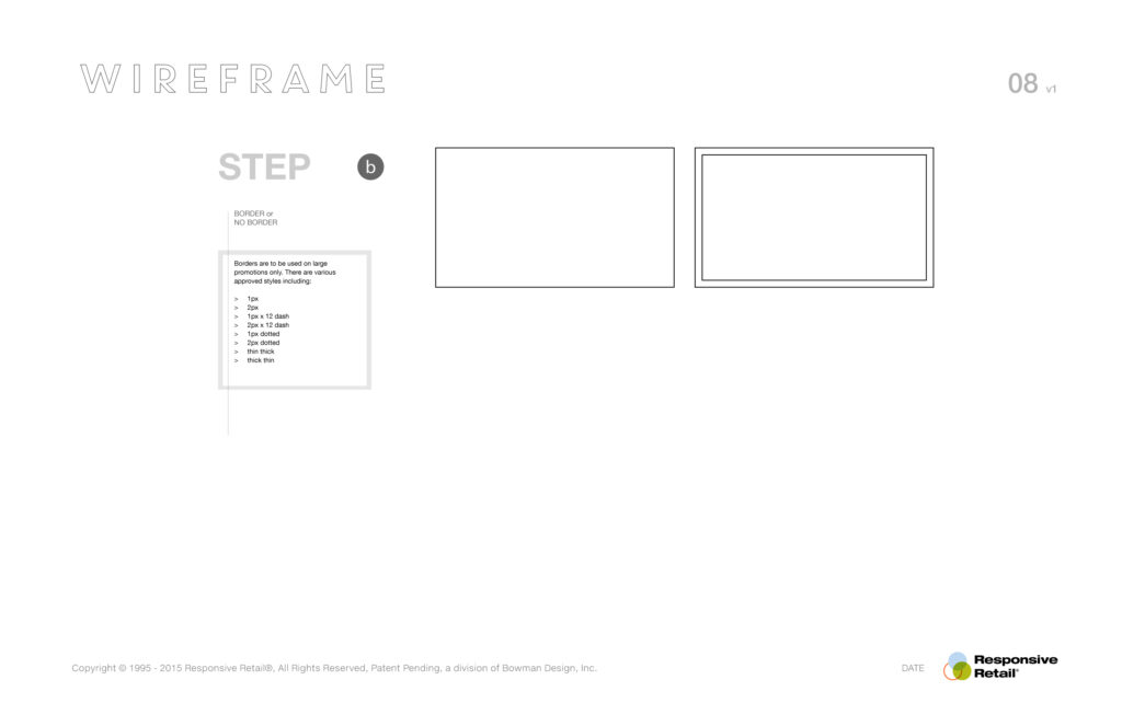 Wireframe step B specifying border treatments, bordered and borderless promo frames with the approved stroke styles listed.
