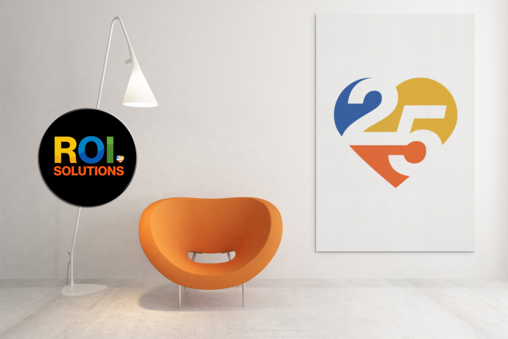 Virtual meeting backdrop of the segmented 25 heart canvas and round black logo mark above an orange sculpted chair.
