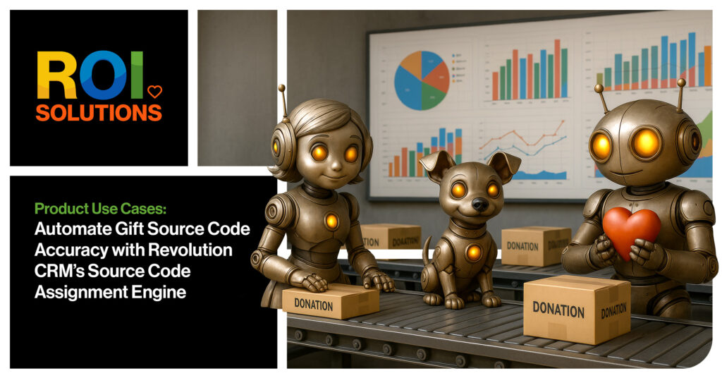 Bronze robot family sorting donation boxes on a conveyor before charts, headlining the Revolution CRM source code assignment engine.