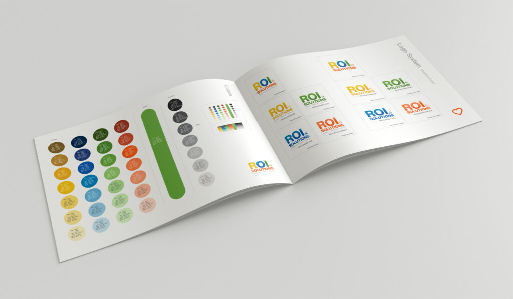 Open spread pairing color dot ladders with the grid of product logo lockups in gold, green, orange, and blue.