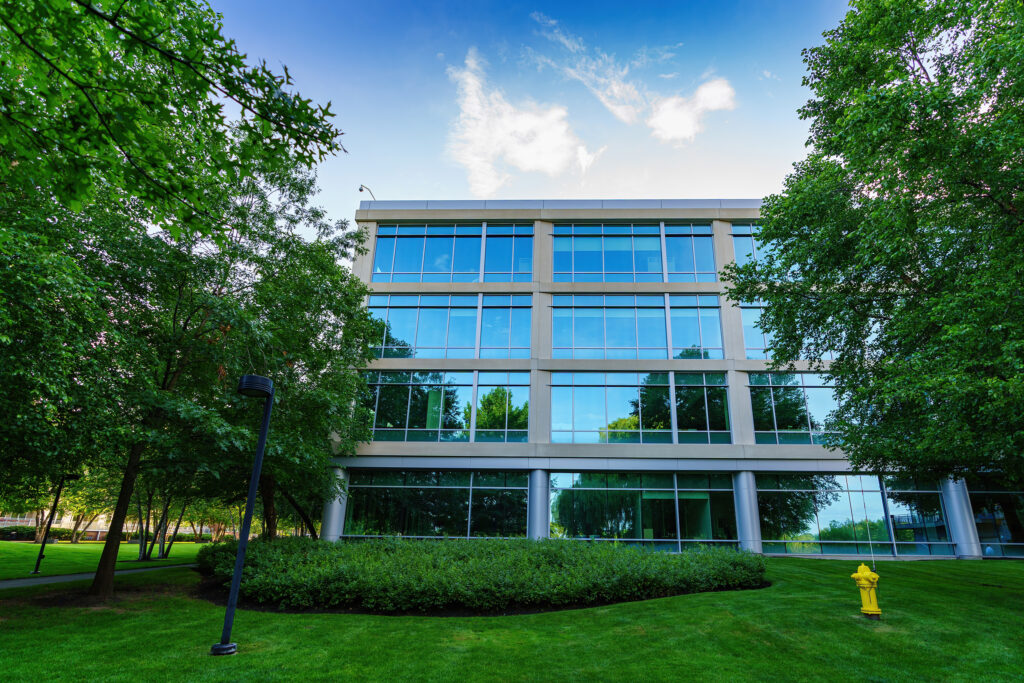 Office building framed by tall trees on a summer afternoon, a yellow hydrant dotting the lawn in the foreground.