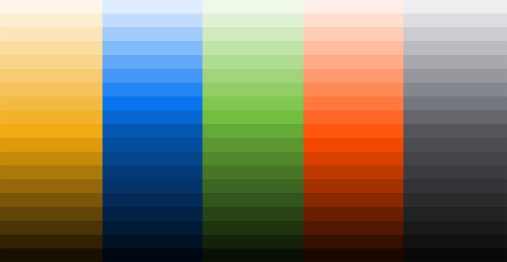 Five tint-ladder columns stepping gold, blue, green, orange, and gray from pale washes down to near black across the palette.