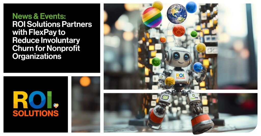 Robot juggling globe and rainbow spheres over a mosaic city, announcing the FlexPay partnership to reduce involuntary churn.