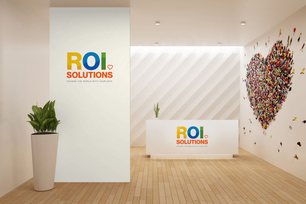 Virtual meeting backdrop of a white reception, the logotype on a light panel beside a heart of clustered butterflies.
