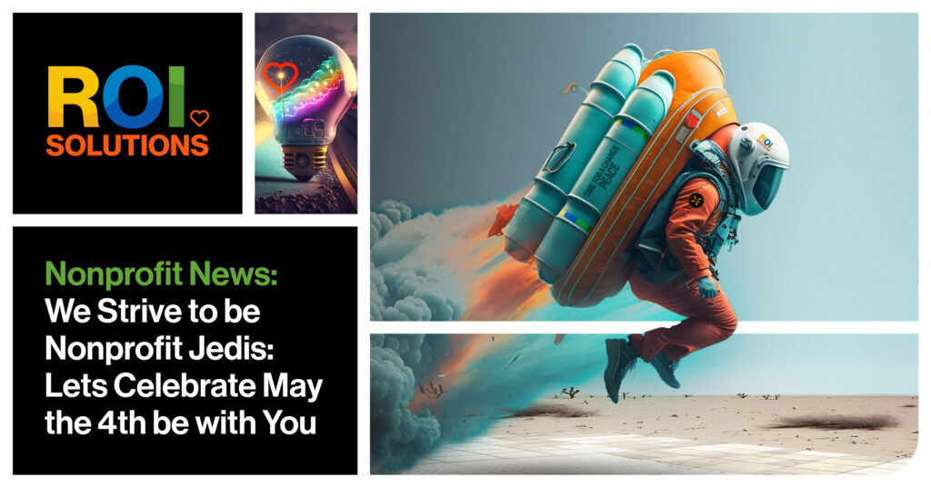 Astronaut blasting across the desert on a rocket pack for the Nonprofit Jedis May the Fourth celebration card.