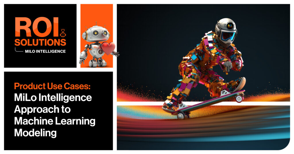Pixel-armored skateboarder carving a rainbow wake beside the MiLo mascot, fronting the machine learning modeling use case.