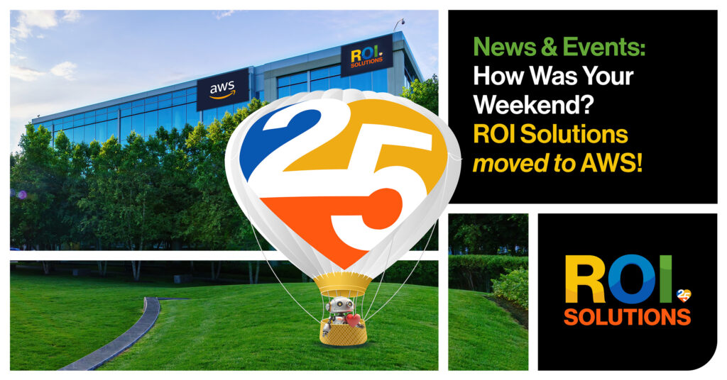 Segmented 25 hot-air balloon rising before the AWS-badged headquarters, announcing the weekend move to Amazon Web Services.