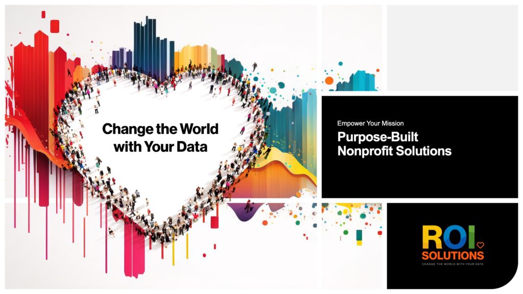 Title slide with the crowd heart over paint splashes, Purpose-Built Nonprofit Solutions panel, and the logo card.