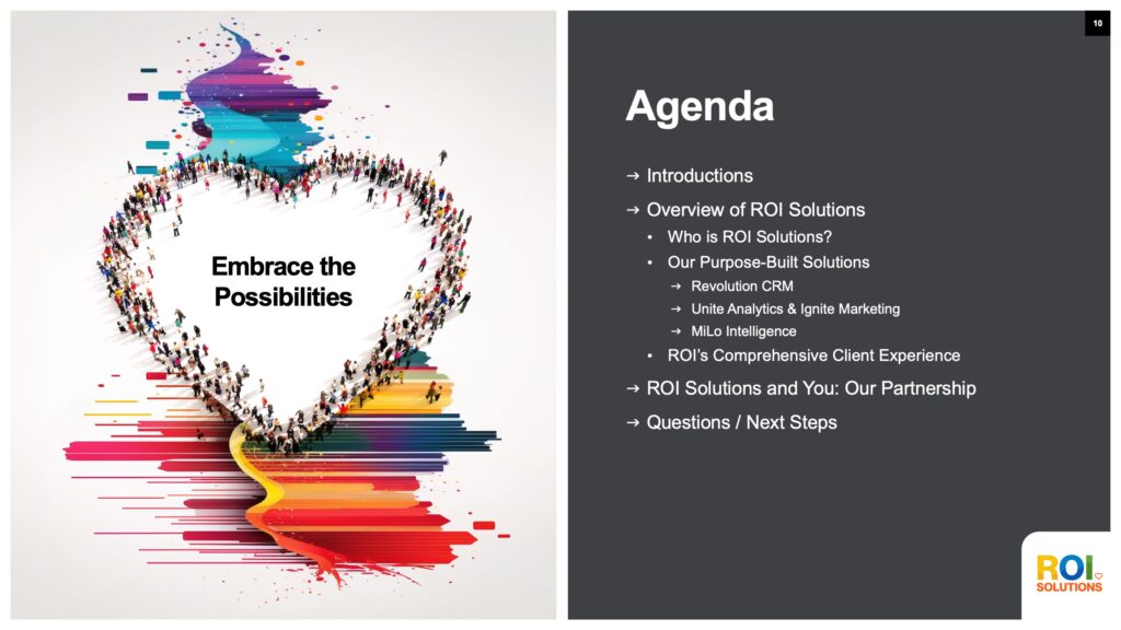 Agenda slide beside the Embrace the Possibilities heart, walking from company overview through products to partnership next steps.