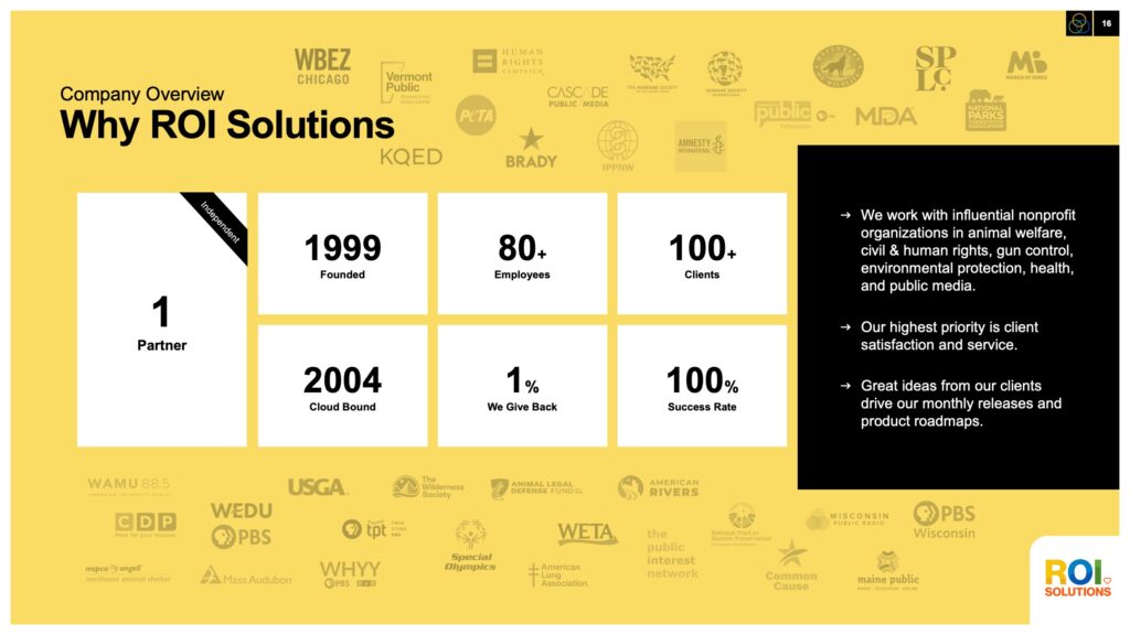 Company overview slide on gold, stat tiles from 1999 founding to 100 percent success rate ringed by nonprofit client logos.
