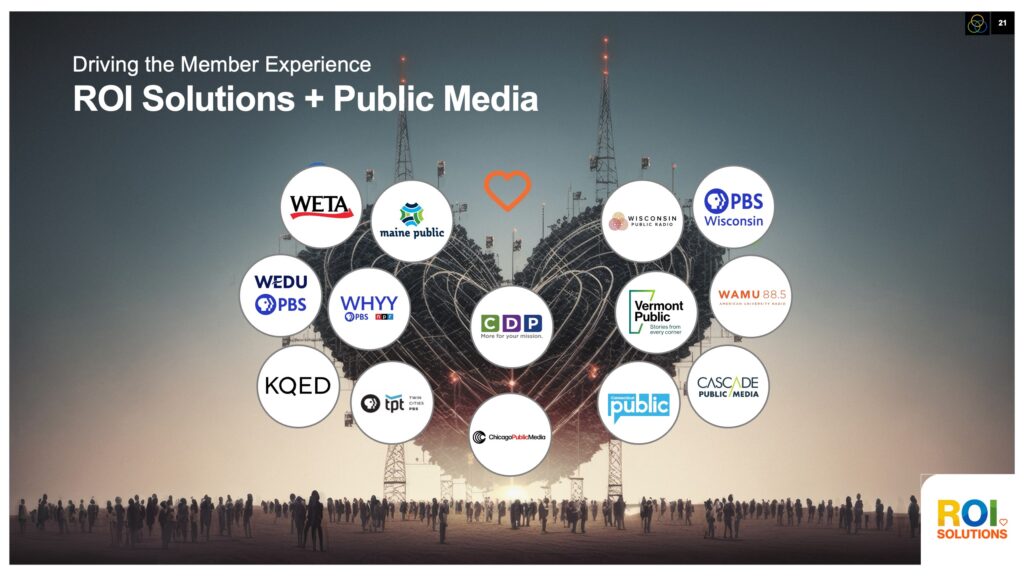 Public media slide with station logos from WETA to KQED rising like broadcast towers behind the orange heart.