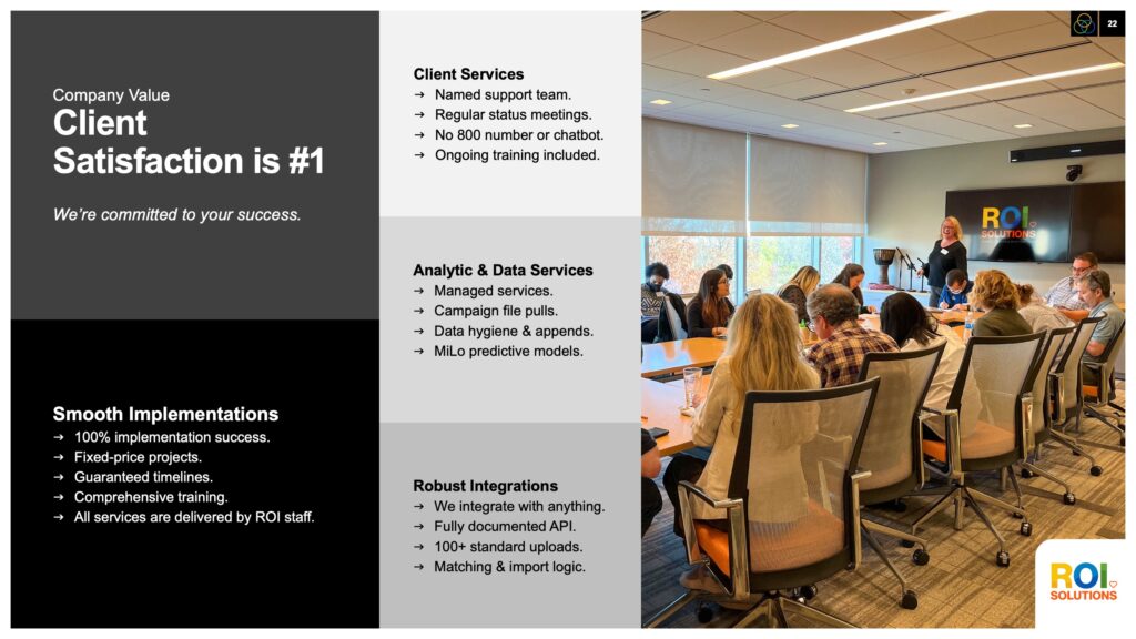 Client satisfaction slide listing services, implementations, and integrations beside a photo of a team training session.