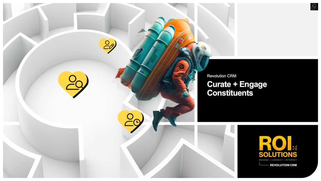 Revolution CRM slide with the rocket-pack explorer flying over a white maze dotted with gold constituent hearts.