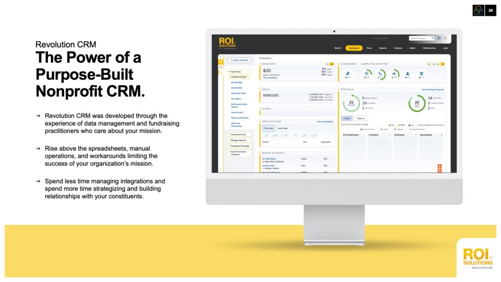 Purpose-built CRM slide pairing benefit copy with a desktop dashboard of giving metrics on a gold band.