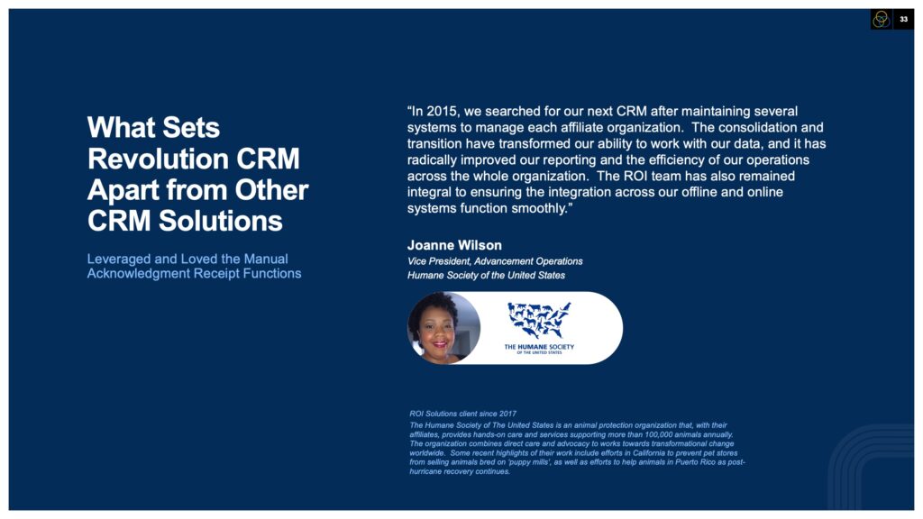 Navy testimonial slide quoting Joanne Wilson of the Humane Society on the Revolution CRM transition.