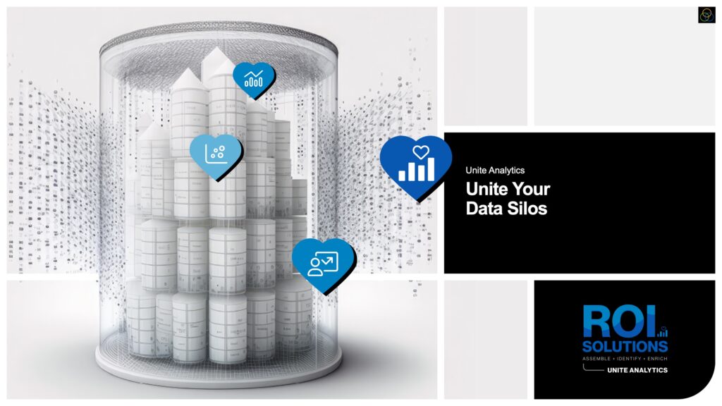 Unite Analytics slide of a stacked data city under a mesh dome, blue hearts tagging Unite Your Data Silos.