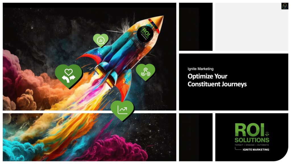 Ignite Marketing slide with a painted rocket streaking through color clouds, green hearts carrying channel icons.