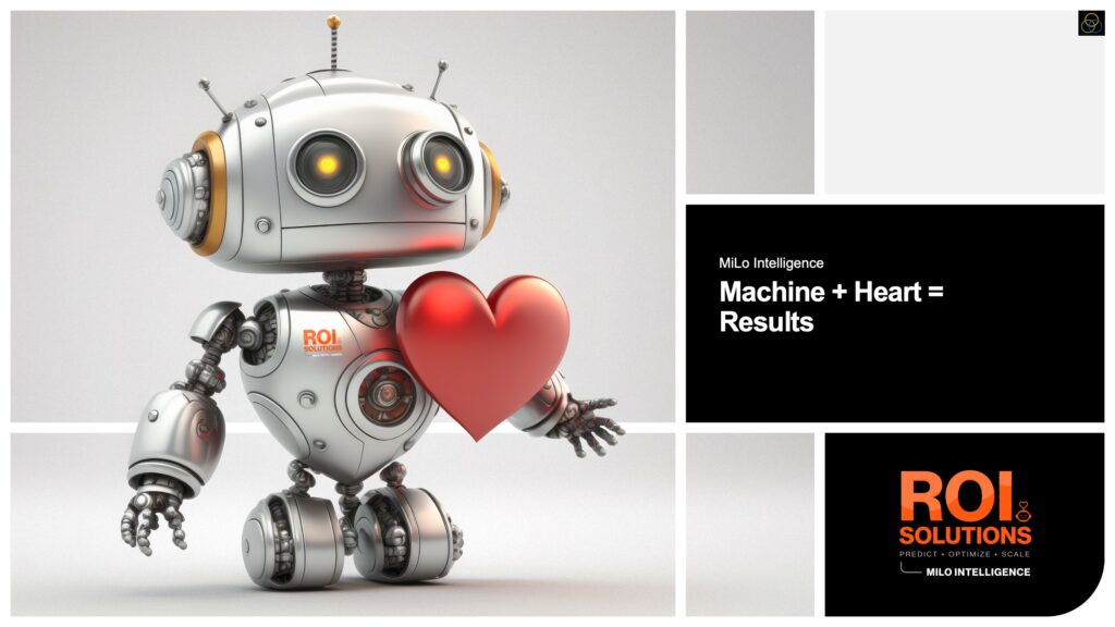 MiLo Intelligence slide with the silver robot hugging a red heart beside Machine plus Heart equals Results.