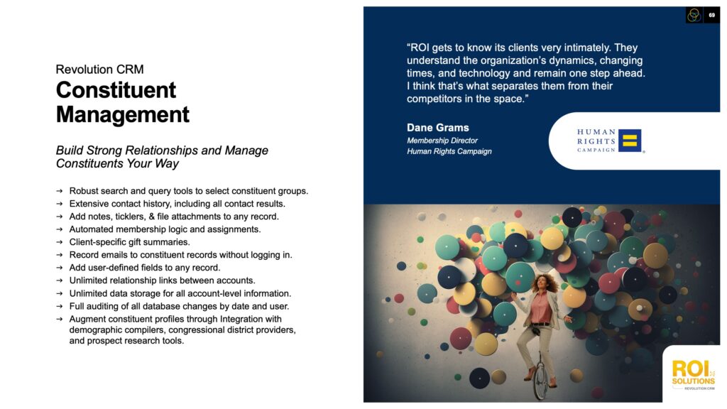 Constituent management slide listing Revolution CRM relationship tools beside a Human Rights Campaign testimonial from Dane Grams.