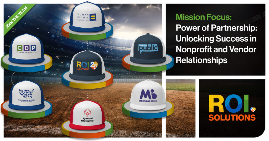 Nonprofit client caps orbiting the branded team cap over a stadium, fronting the partnership piece on vendor relationships.