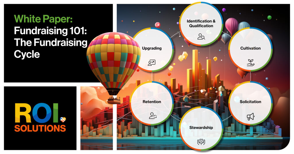 Patchwork balloon drifting past circular stages from identification to stewardship, fronting the Fundraising 101 white paper.
