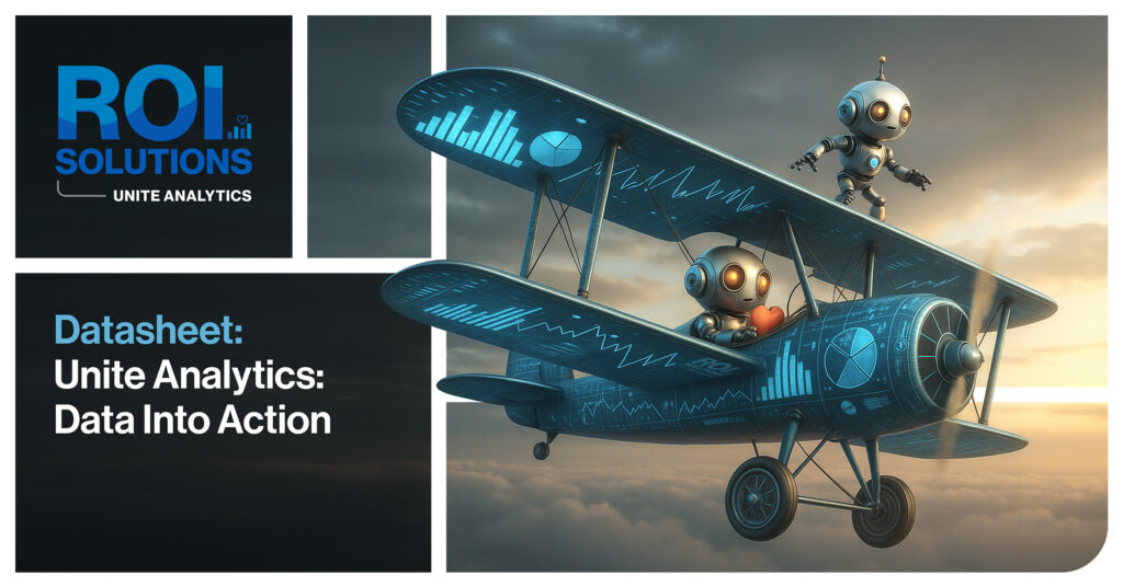 Robots piloting a biplane skinned in glowing charts through the clouds, fronting the Data Into Action datasheet.