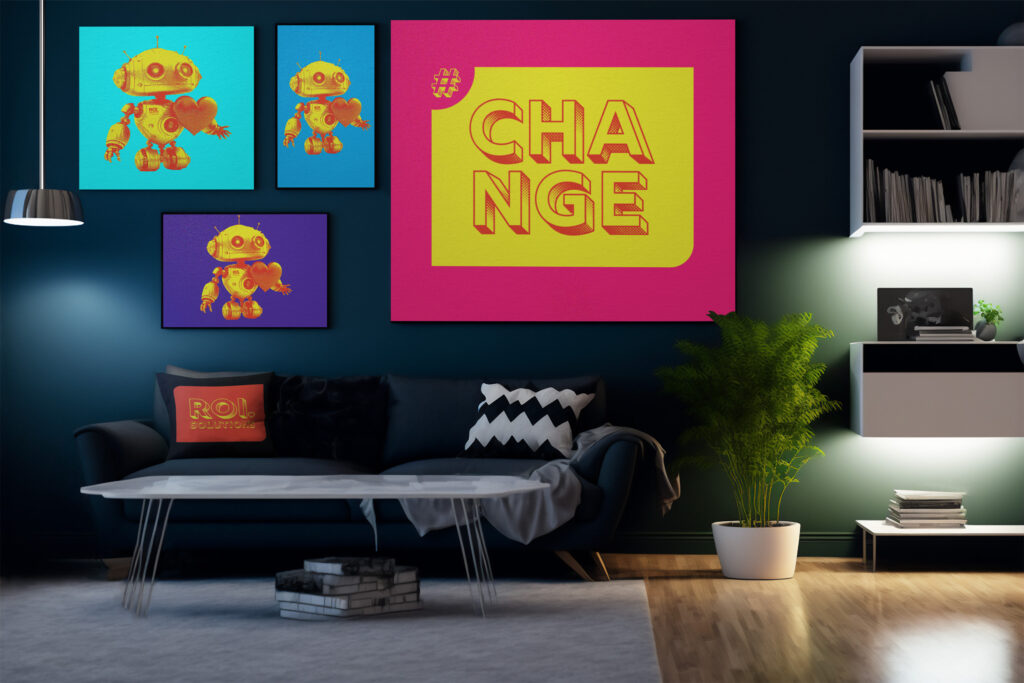 Virtual meeting backdrop of a dark lounge with pop-art robot posters and a pink Change poster above the couch.