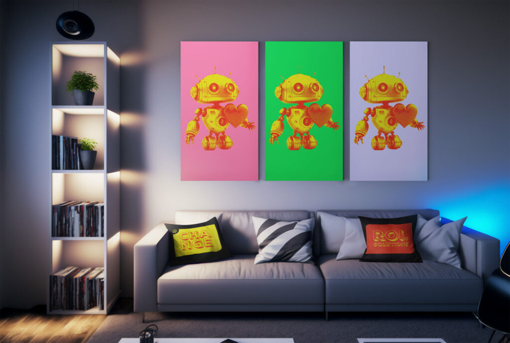 Virtual meeting backdrop of a robot pop-art triptych in blue, green, and pink glowing above a gray couch.