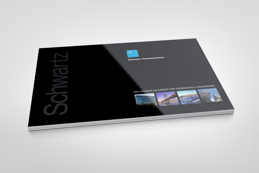 Landscape brochure cover in gloss black, the Schwartz wordmark running vertical beside the premier PR agency tagline and four city photographs.