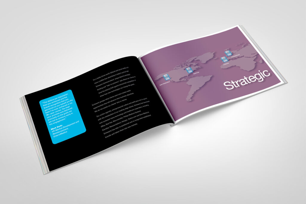 Landscape brochure spread pairing a client testimonial on black with a plum world map plotting Schwartz offices under the word Strategic.