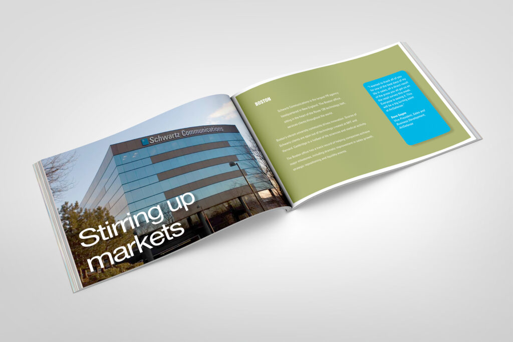 Boston spread from the landscape brochure, the Schwartz headquarters tower photographed under Stirring up markets beside olive office copy.