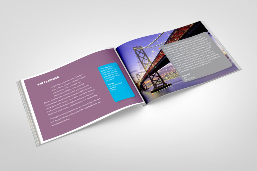 San Francisco spread from the landscape brochure, the Bay Bridge strung with lights at dusk facing plum office copy and a client testimonial.