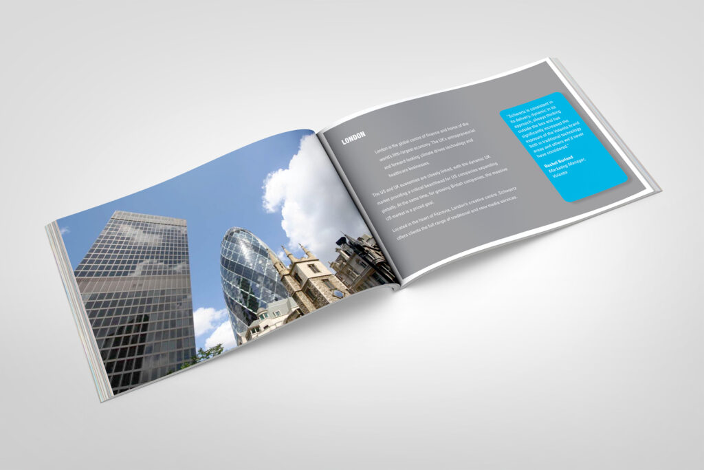 London spread from the landscape brochure, the Gherkin and City towers rising into blue sky beside gray office copy.