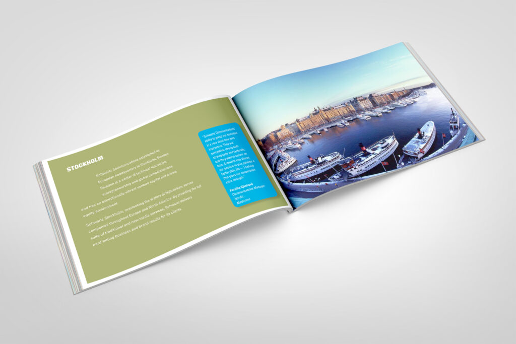 Stockholm spread from the landscape brochure, harbor ships and waterfront facades photographed from above beside olive office copy.